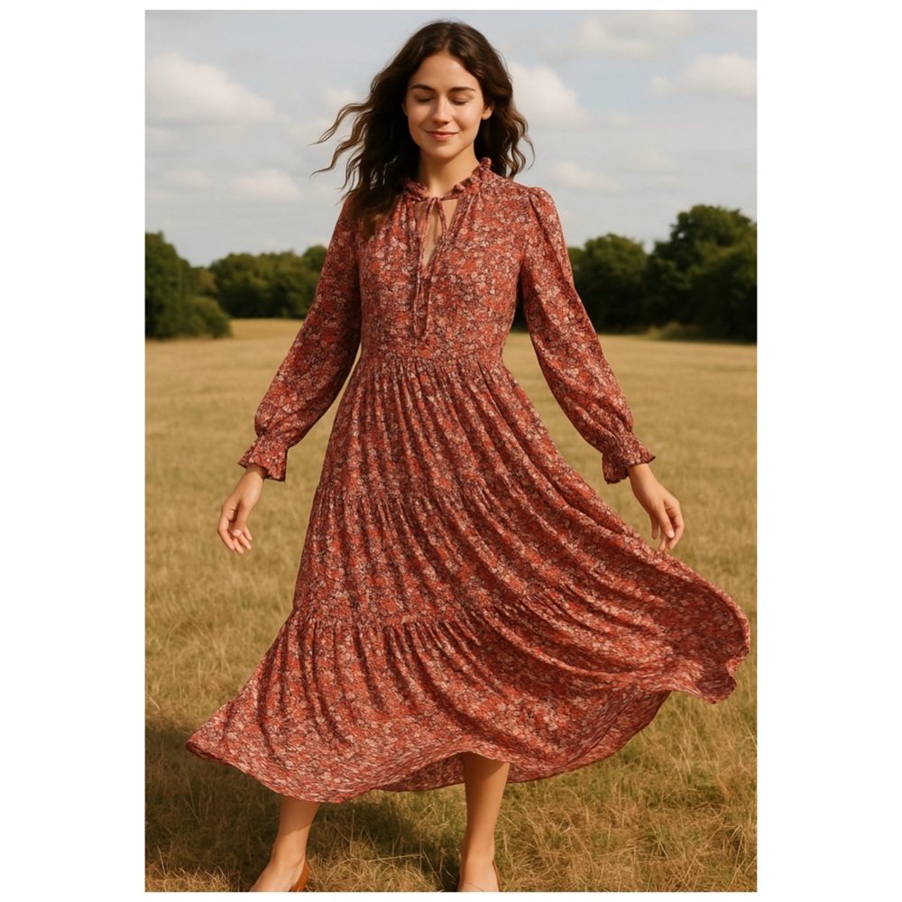 Anthro O.P.T Boho Tiered Maxi Dress Long Sleeve Floral Medium NWT